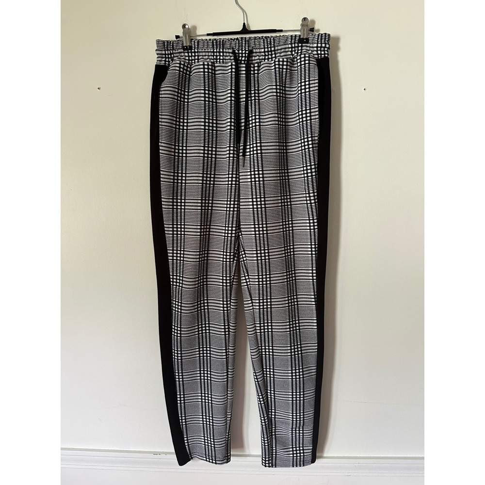 SHEIN Mens Glen Plaid Joggers Black White Side Stripe Tapered Pants Size L